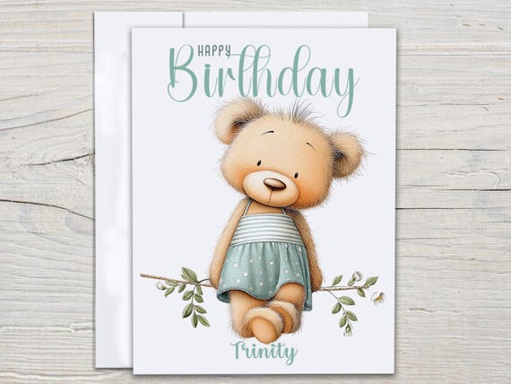 Personalized Birthday Card, Teddy Bear Illustration, Cute Birthday Card, Granddaughter Card, Child's Birthday, Watercolor Bday Card, BC268