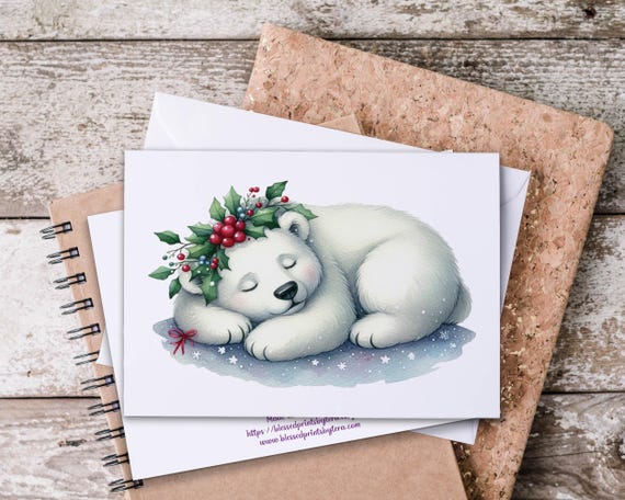 Cute Polar Bear Christmas Notecard Set, Arctic Animal, Snail Mail, Wildlife Card, Winter Greeting Card, Blank Notecard, Christmas Stationary