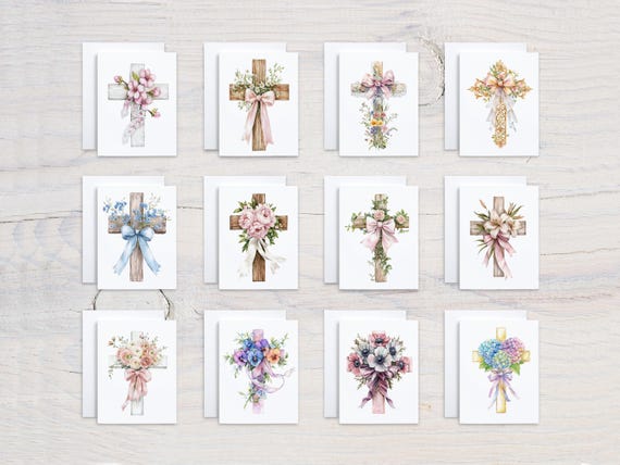 Assorted Notecards Set, Watercolor Floral Crosses, Everyday Cards, Variety Pack, All Occasion, Cute Stationary Set, Religious Cross, CS169