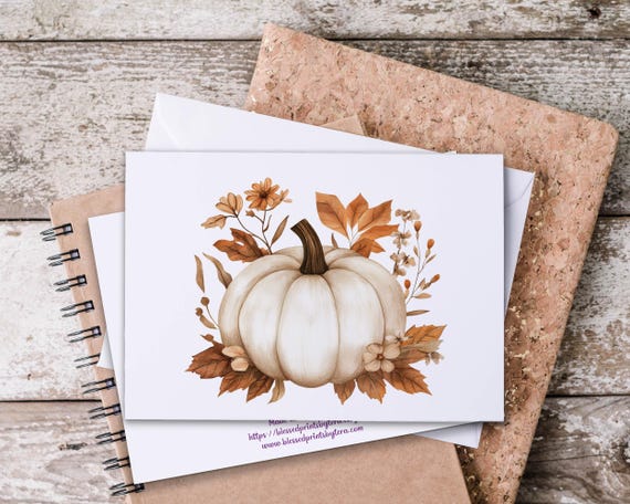 Fall Notecards Set, Cute White Pumpkin Notecards, Autumn Greeting Card, Blank Notecard, Floral Pumpkins, Fall Stationery, Boho Card, FA5