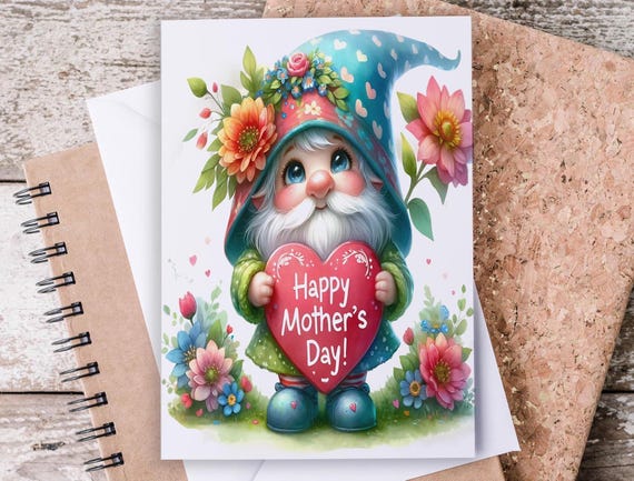 Mother's Day Greeting Card, Happy Mother's Day Gnome, Garden Gnome, Watercolor, Greeting Cards, Everyday Card, 1st Mothers Day Card, MD22