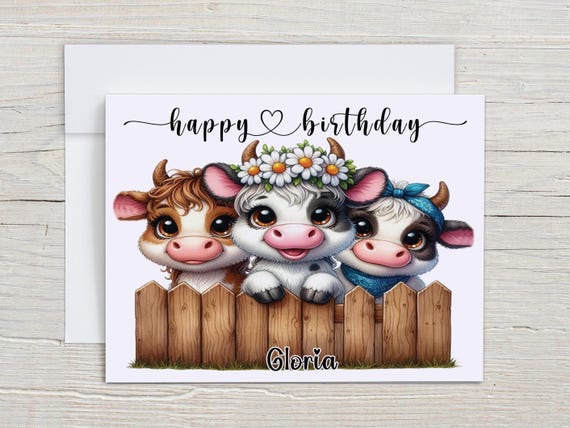 Cow Birthday Card, Personalised Birthday Card, Peeking Cow Card, Named Card, Highland Cow Card, Animal Birthday, Peeking Cow, BC280