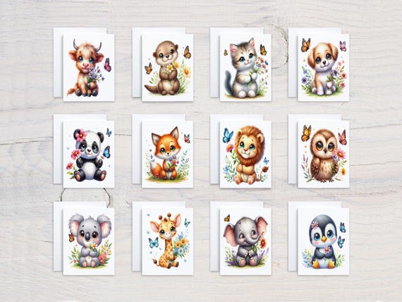 Assorted Animal Notecards with Flowers, Blank Notecards, All Occasion, Card Assortment, Thank You Card, Variety Pack, Bday, Everyday, CS203