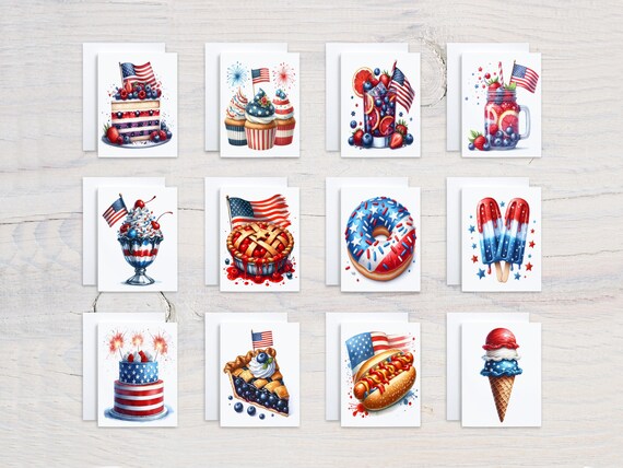 Watercolor 4th of July Food Notecards, Notecard Set, Card Assortment, Variety Pack, Custom Stationary, Blank Notecard, All Occasion, CS320