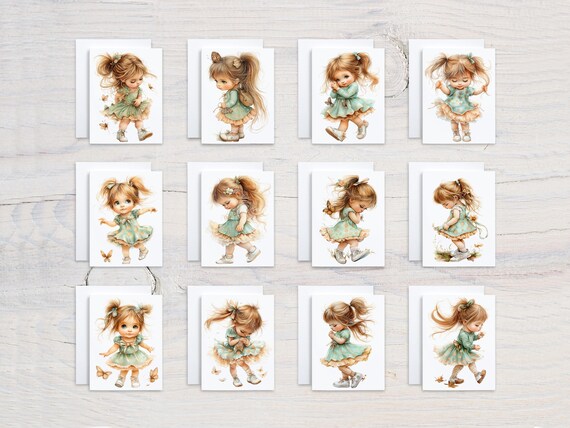 Cute Watercolor Girl Notecards, Card Assortment, Butterfly Cards, Variety Pack, All Occasion Cards, Blank Notecards, Everyday Card, CS330