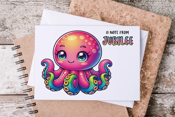 Custom Kawaii Octopus Note Cards, Personalized A2 Stationary, Cute Octopus Art, Kawaiicore, Custom Notecards, with Envelopes