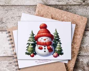 Cute Snowman Christmas Card Set, Kawaii Note Card, Winter Notecards, Watercolor Snowman, Xmas Thank You, Blank Note Card