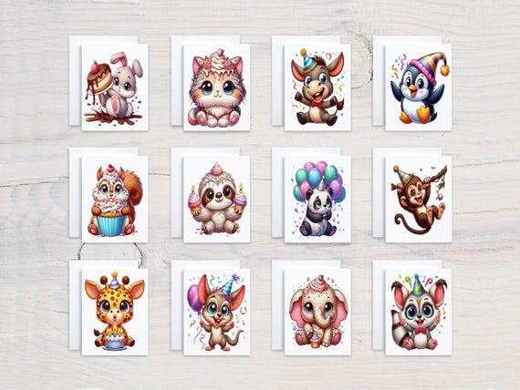 Assorted Notecards Cute Birthday Animals, Birthday Card Pack, Greeting Cards Pack, Variety Pack, Everyday Cards, Thank You Card, CS165