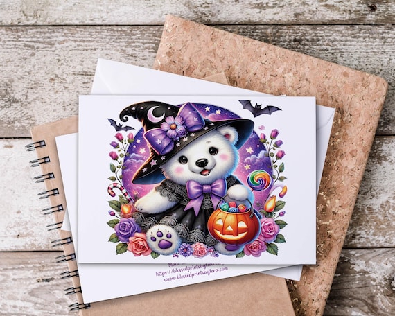 Kawaii Witch Teddy Bear Notecards, Everyday Notecards, All Occasion Cards, Blank Notecards, Snail Mail Set, Summerween, Halloween Bear, HN59