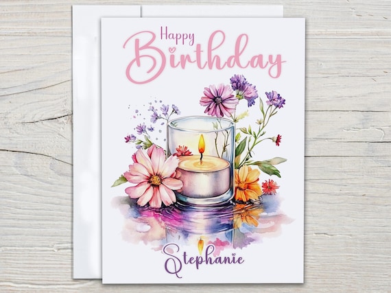 Personalized Watercolor Candle & Flowers Birthday Card, Pretty Birthday Card, 18th Birthday, Bday Card for Mom, Auntie Birthday Card, BC254