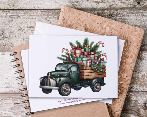 Vintage Trucks Notecard Set, Holiday Thank You, Snail Mail, Truck and Tree, All Occasion Cards, Harvest Truck Design, Blank Notecards