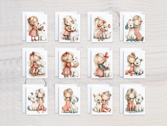 Card Assortment Featuring Watercolor Girls With Puppies, Variety Pack, Birthday Card Pack, All Occasion Cards, Cute Stationary Set, CS338