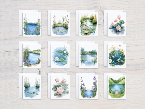 Assorted Card Set with Watercolor Lake, Miss You, Just Because, Blank Notecards, Variety Pack, All Occasion Cards, Assorted Cards, CS101