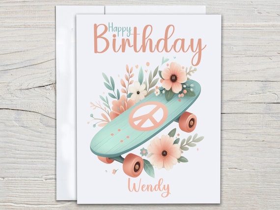 Personalized Skateboard Bday Card, Watercolor Birthday Card, Bday Card for Mom, Cute Card For Women, For Bestie, Retro Bday Card, BC128