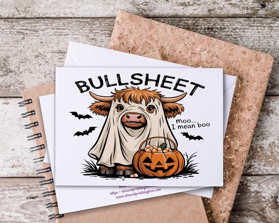 Bullsheet Ghost Cow Notecard Set, Halloween Cow Card, Blank Notecard, Fall Greeting Cards, Ghost Cow, Halloween Greeting Card, Western, HN29