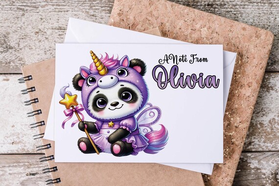 Customized Note Cards, Kawaii Unicorn Panda Design, A2 Sized, Folded Notecards with Envelopes, Cute Stationery, Custom Notecards