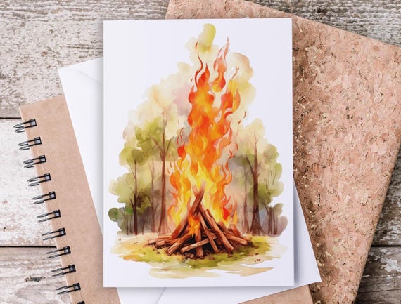 Watercolor Campfire Card Set, Note Cards, Sleepaway Camp, Birthday Card Pack, Custom Note Cards, Personal Stationery, Miss You Card, EC1