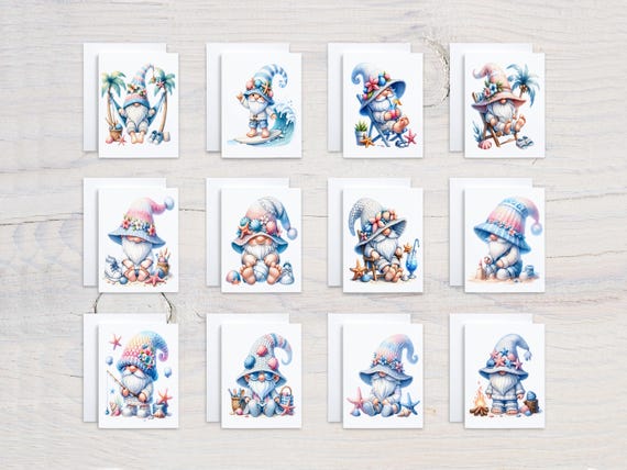 Cute Summer Gnomes Notecard Set, Card Assortment, Blank Notecards, All Occasion Cards, Greeting Cards, Thankyou Card, Birthday Card, CS186