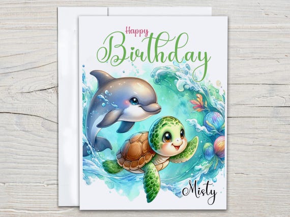 Turtle Bday Card, Personalized Dolphin Greeting, Cute Birthday Card, Bestie Birthday Card, Ocean Bday Greetings, Daughter, Mom, Sister,BC183