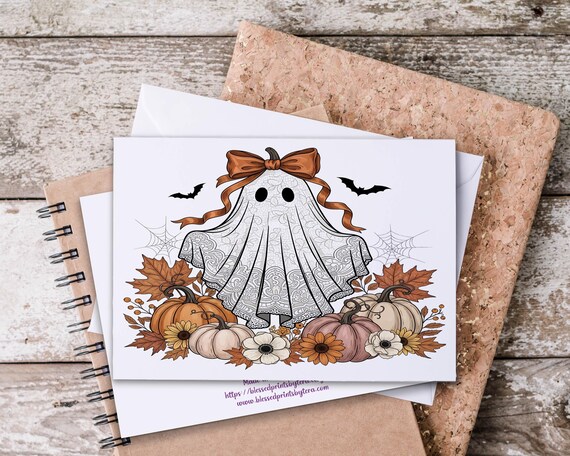 Lace Ghost with Pumpkins Notecards, Fall Notecards, Halloween Greeting, Cute Halloween Cards, Watercolor Halloween, Blank Notecards, HN23