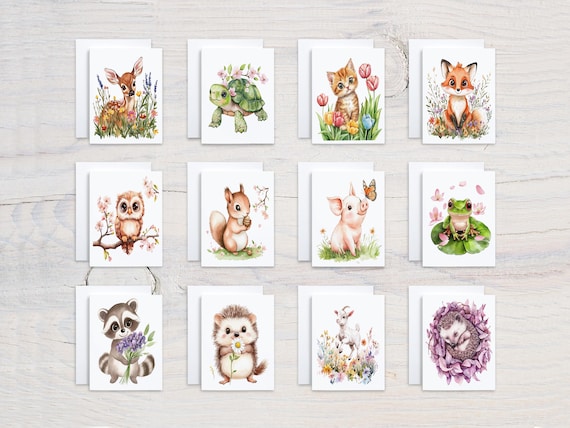 Assorted Floral Animal Cards, Variety Pack, Everyday Card, Just Because Card, Thank You Notes, Blank Note, Watercolor Wildlife Cards, CS130