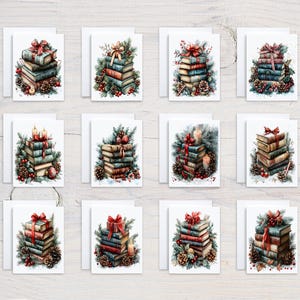 May include: A collection of watercolor Christmas cards featuring stacks of books adorned with festive decorations. Each card showcases a different arrangement of books, pinecones, berries, and ribbons, with some including candles.