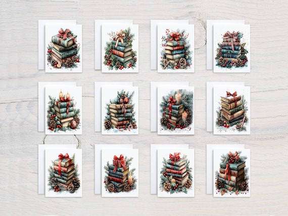 Christmas Book Lover Notecard Set: Watercolor Holiday Thank You Cards