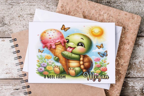 Personalized Kawaii Turtle Note Cards, Custom Stationery, Folded A2 Notecards with Envelopes, Cute Stationary, Kawaiicore