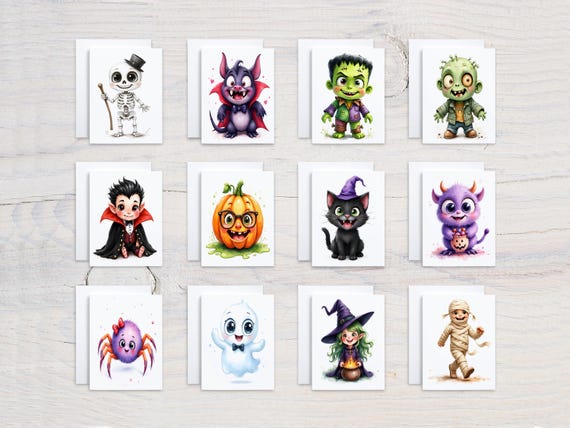 Halloween Notecards Set, Cute Halloween Card, Fall Greeting Card, Watercolor Pumpkin, Blank Notecard, Spooky Cards, Autumn, Black Cat, CS352