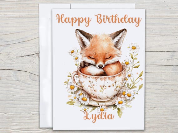 Personalized Birthday Card, Watercolor Fox Illustration, Cute Fox Bday, Wildlife Card, Fox Birthday, Bday Card for Her,  Pretty Card, BC228