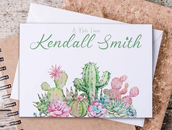 Personalized Succulent Note Cards - Custom Stationery Set with Envelopes - Pink & Green Handmade Notecards - Thank You Cards