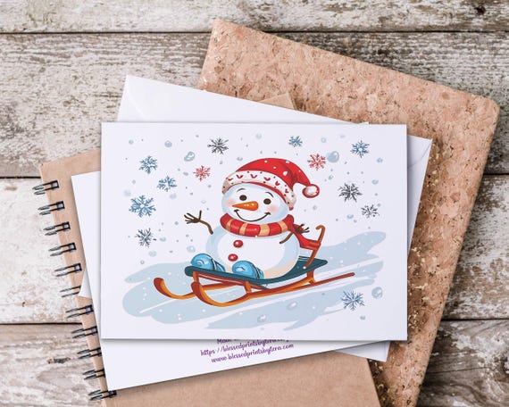 Watercolor Snowman Notecard Set, Cute Snowmen on Sled, Holiday Thank You Cards, Christmas Stationery, Blank Notecards, Holiday Thank You