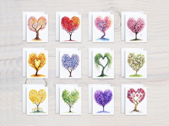 Watercolor Heart Tree Card Assortment, Greeting Cards Pack, Birthday Card, Everyday Cards, Handmade Notecards, Notecard Set, CS95
