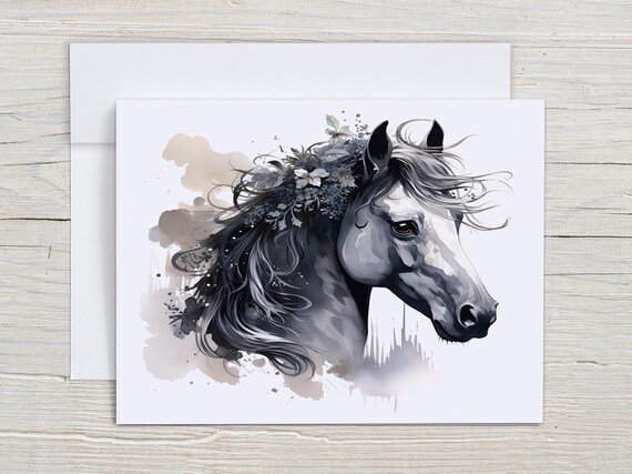 Watercolor Horse Notecard Set, Black and White, Blank Notecards, Thank You Card Pack, Personal Stationary, Horse Card, Just Because, EC51