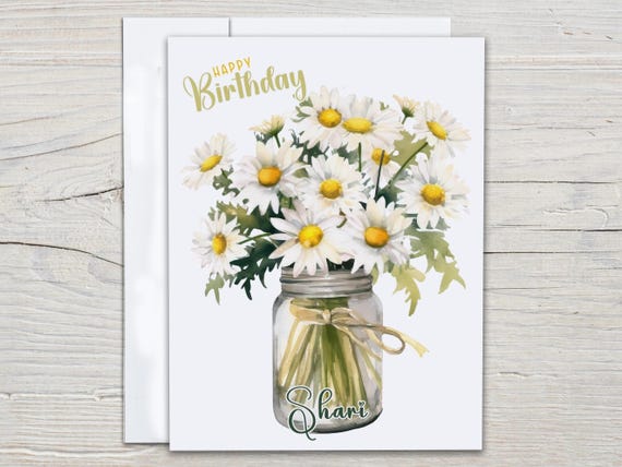 Personalized Daisy Bday Card, Watercolor Mason Jar Design, Cute Happy Bday Card, Bday Card For Mom, Wife Bday Card, Card For Friend, BC125