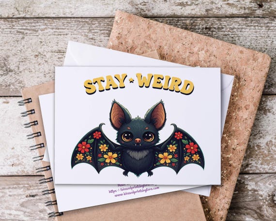 Kawaii Bat Notecard Set, Blank Notecards, Stay Weird, Bat Wings, Halloween Card, Snail Mail, Bat Stationery, Halloween Greeting, Wildlife