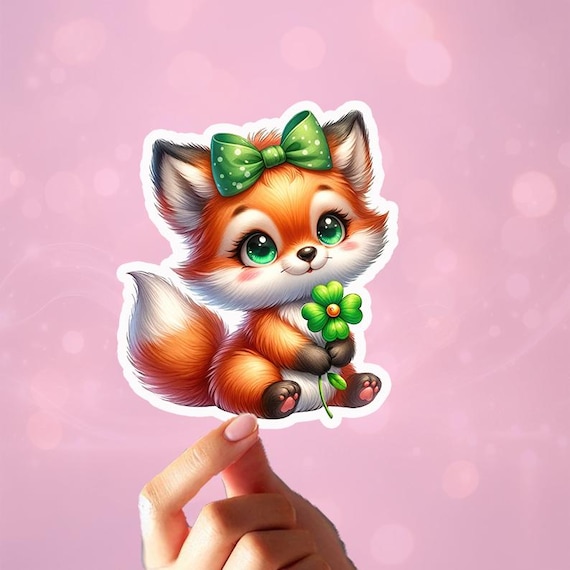 Kawaii Fox Sticker, Four Leaf Clover, St Patrick's Day Vinyl, Personalized Sticker, Weather Resistant, Computer Sticker