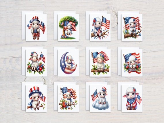 Watercolor Patriotic Sheep Cards, Memorial Day Notecards Set, Cute Holiday Cards, Patriotic Stationery, All Occasion, Blank Notecard, CS259