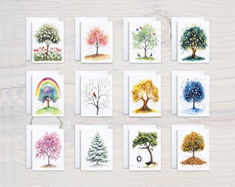 Watercolor Seasonal Trees Notecard Set, Card Assortment, Everyday Card, Just Because Card, Blank Notecards, Unique Stationery, CS152