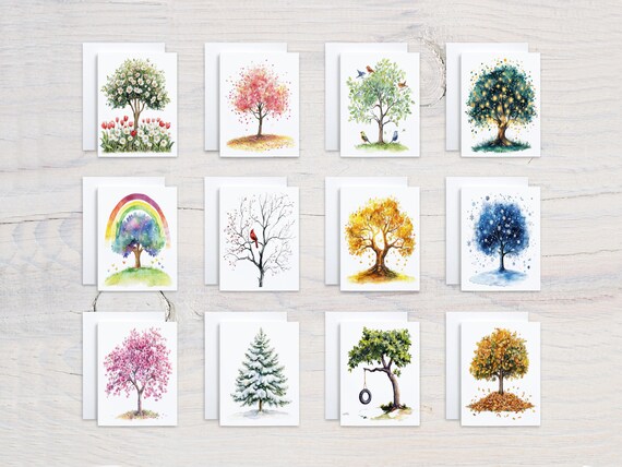 Watercolor Seasonal Trees Notecard Set, Card Assortment, Everyday Card, Just Because Card, Blank Notecards, Unique Stationery, CS152