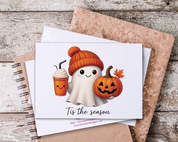 Kawaii Ghost Latte Notecard Set, Everyday Notecards, Snail Mail, Fancy Ghost, Blank Notecards, Just Because Card, Tis the Season, HN56