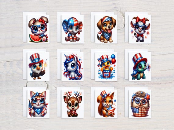 Kawaii Animal Notecards, 4th Of July Card Assortment, Variety Pack, Custom Stationary, All Occasion Cards, Notecard Set, Everyday Card,CS322