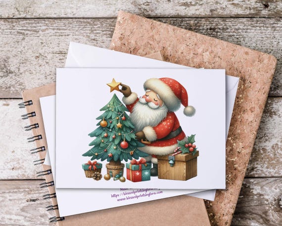 Cute Santa Notecard Set, Blank Notecard, Christmas Note Card, Watercolor Tree, Holiday Card Pack, Santa Claus Cards, Holiday Thank You