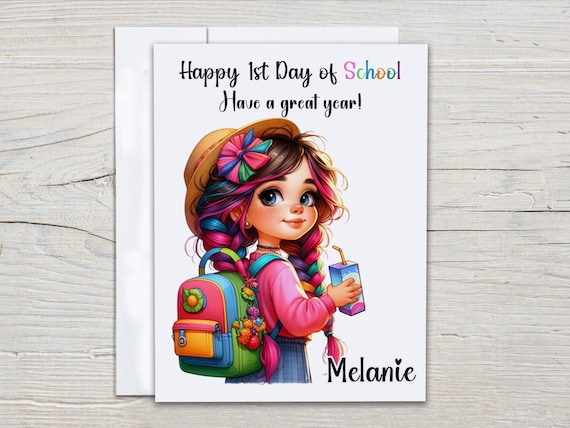 Personalized First Day of School Card, Happy First Day, Cute Girl Design, Good Luck Card, Best Wishes, School Starter, Back to School, GL15
