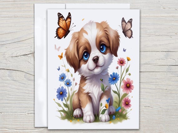 Cute Puppy Wildflower Blank Notecards, All Occasion Cards, Everyday Card, Notecard Set, Dog Thank You Card, Stationary, Birthday, EC314