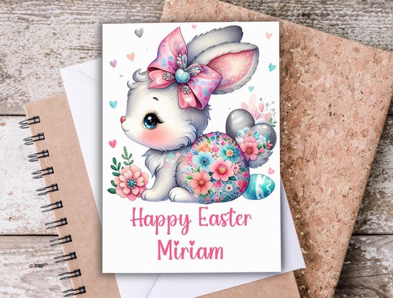 Happy Easter Bunny Card, Cute Easter Greetings, Personalized Card for Easter, Easter Bunny, Kids Card,  Handmade Easter Card, GC12