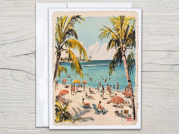 Watercolor Vintage Postcard Notecards Set, Retro Postcards, Blank Notecards, Beach Scene, Sunset Notes, Birthday Cards, Thank You Cards,EC38