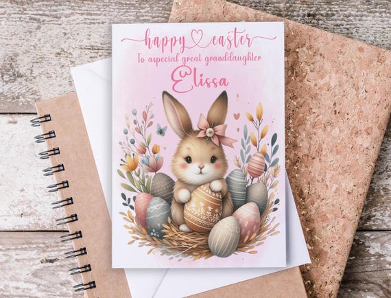 Easter Card Bunny Design, Personalized Easter Greetings, Happy Easter Wish, Great Granddaughter, Cute Niece Card, Easter Card for Kids, GC26