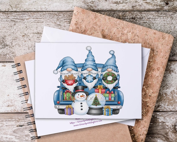 Cute Gnomes Notecard Set, Vintage Truck & Snowman, Christmas Stationary, Holiday Thank You, Winter Greeting Card, Blank Notecards