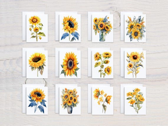 Sunflower Watercolor Notecards Set, Blank Notecards, Greeting Cards Pack, All Occasion Cards, Card Assortment, Everyday, Just Because, CS253